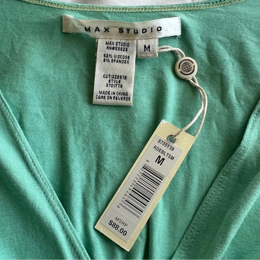 Max Studio Mint Green V-Neck Asymmetrical Cinched Waist Top Women’s Size M NWT - Picture 5 of 5